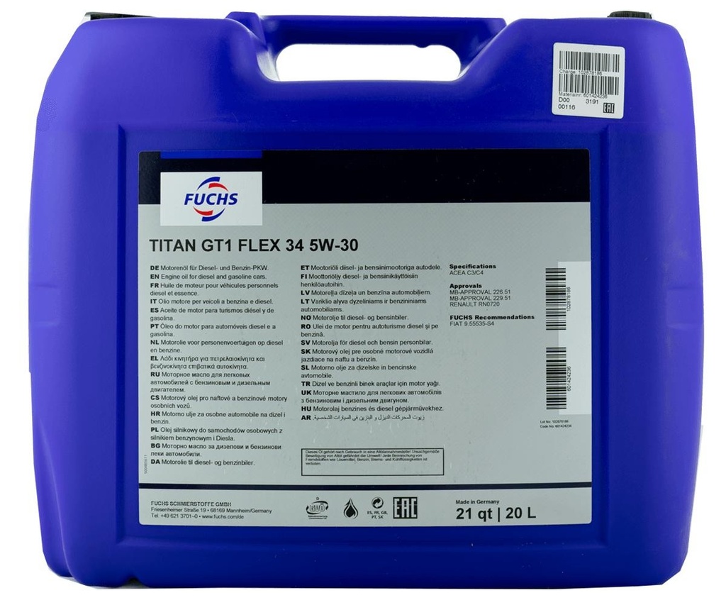 [601432538] FUCHS TITAN GT1 FLEX 34 5W-30 Can 20L