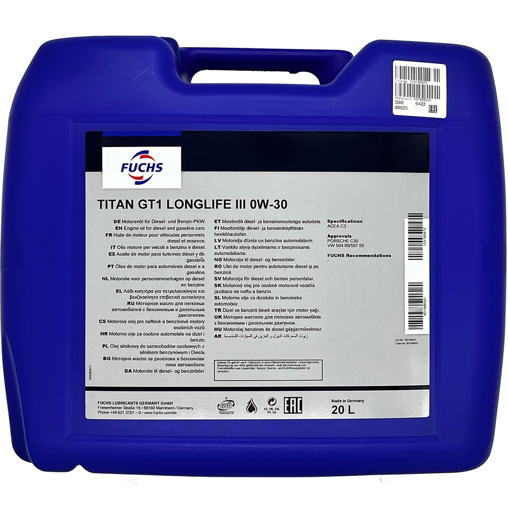 FUCHS TITAN GT1 LONGLIFE III 0W-30 Can 20L